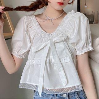 Ruffle Trim Bow Cropped Blouse White - One Size