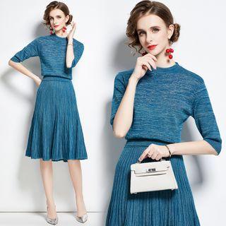 Set: Melange Elbow-sleeve Knit Tp + Midi A-line Skirt Top - Peacock Blue - One Size / Skirt - Peacock Blue - One Size