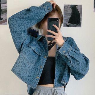 Leopard Print Denim Jacket Blue - One Size