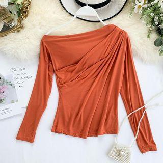 Long-sleeve Crinkled Off Shoulder T-shirt