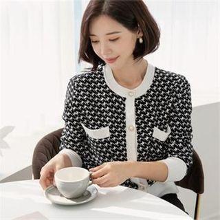 Round-neck Houndstooth Cardigan Black - One Size