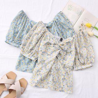 Wide-neck Ruched Floral Top
