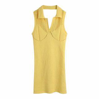 Collared Pointelle Knit Mini Dress