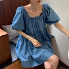 Puff-sleeve Square-neck Denim Mini A-line Dress Blue - One Size