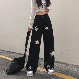 Mid Rise Star Pattern Wide Leg Jeans