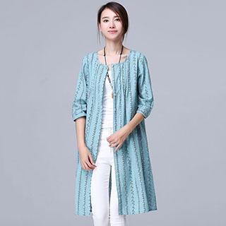 3/4-sleeve Floral Open-front Long Jacket