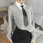 Mock Two-piece Puff-sleeve Ribbed Asymmetrical Sweatshirt