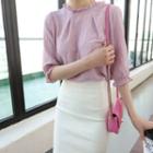 Frill-neck Elbow-sleeve Check Top Pink - One Size