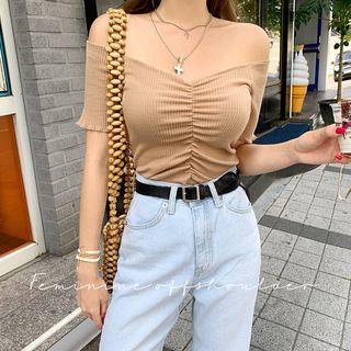 Off-shoulder Shirred Ribbed Crop T-shirt
