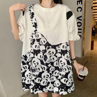 Elbow-sleeve Panda Panel Mini Dress Black & White & Off-white - One Size