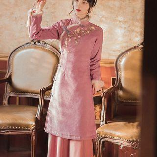 Set: Fluffy Trim Embroidered A-line Qipao + Midi A-line Skirt