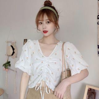 Puff-sleeve V-neck Drawstring Floral Blouse