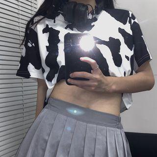 Short Sleeve Cow Print Cropped T-shirt As Shown In Figure - One Size