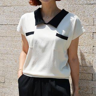 Contrast-collar Dual-pocket Knit Top