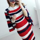 Set: Striped Elbow-sleeve Knit Top + Cardigan + Pencil Skirt As Shown In Figure - One Size