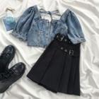 Short-sleeve Denim Blouse / Mini A-line Pleated Skirt