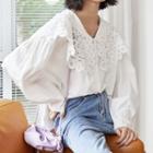 Puff-sleeve Lace Trim Buttoned Blouse White - One Size
