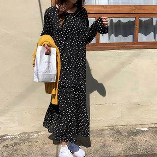 Long-sleeve Print Midi Chiffon Dress Black - One Size