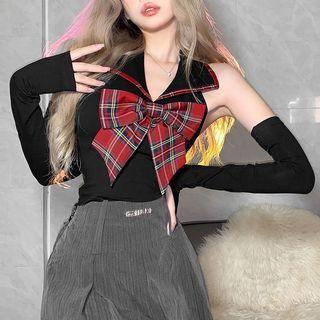 Set: Halter Plaid Bow Crop Tank Top + Arm Sleeves
