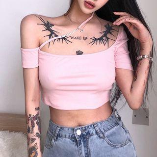 Short-sleeve Off-shoulder Rhinestone Crop Top