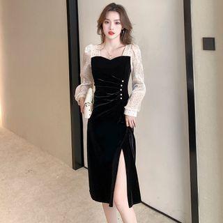 Long-sleeve Dotted Velour Slit A-line Dress