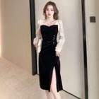 Long-sleeve Dotted Velour Slit A-line Dress