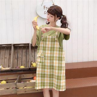 Embroidered Short-sleeve T-shirt / Plaid Jumper Dress