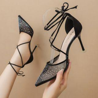 Rhinestone Mesh Lace-up Stiletto Heel Pumps