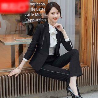 3/4-sleeve Ruffled Blouse / Striped Shirt / Dress Pants / Pencil Skirt / Blazer / Set