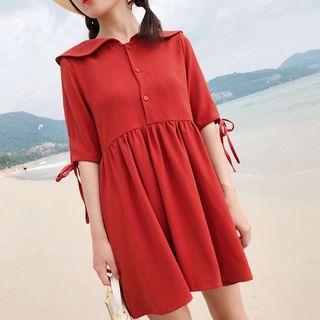 Elbow-sleeve Tie Cuff A-line Dress