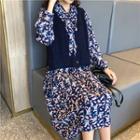 Floral Long-sleeve Midi A-line Dress / Knit Vest
