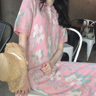 Floral Patterned Short Sleeve Midi Knit Dress
