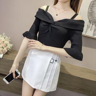 Open Shoulder Elbow-sleeve Knit Top