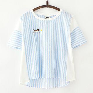 Cat Embroidered Stripe Short-sleeve T-shirt