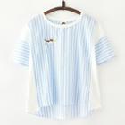 Cat Embroidered Stripe Short-sleeve T-shirt