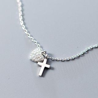 925 Sterling Silver Rhinestone Heart & Cross Pendant Choker Silver - One Size