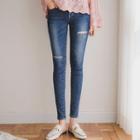 Slit Distressed Washed Skinny Jeans