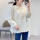Embroidered Long-sleeve Blouse Almond - One Size