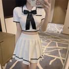 Crop Shirt With Bowtie / Pleated Mini A-line Skirt / Set