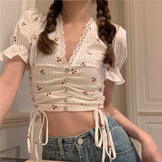 Short-sleeve Floral Print Drawstring Crop Top White - One Size