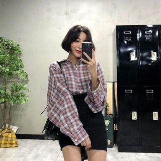 Wide-sleeve Oversized Plaid Shirt