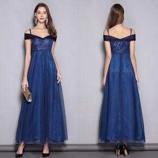 Off-shoulder Lace Panel High Waist Evening Gown