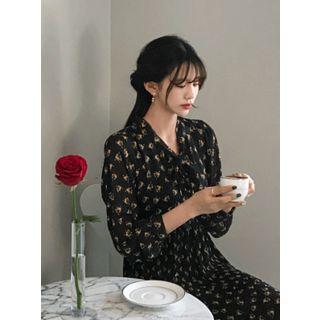 Tie-neck Floral Long Chiffon Dress