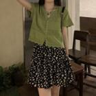 Short-sleeve Cardigan / Floral Mini A-line Skirt