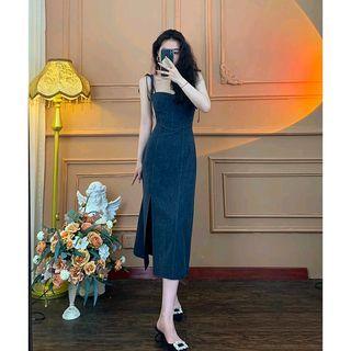 Tie-shoulder Midi A-line Denim Dress
