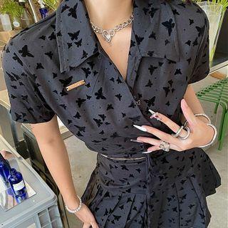 Short-sleeve Butterfly Print Shirt / Mini A-line Skirt