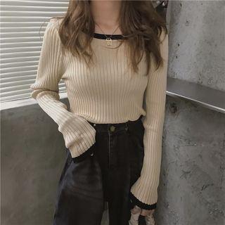 Round Neck Contrast Trim Slim Fit Ribbed Knit Top