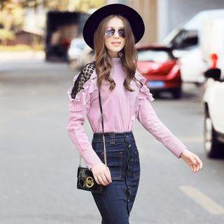Lace Panel Ruffle Trim Striped Blouse