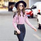 Lace Panel Ruffle Trim Striped Blouse