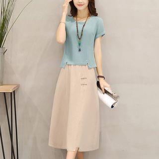 Set: Plain Short-sleeve T-shirt + Midi A-line Skirt